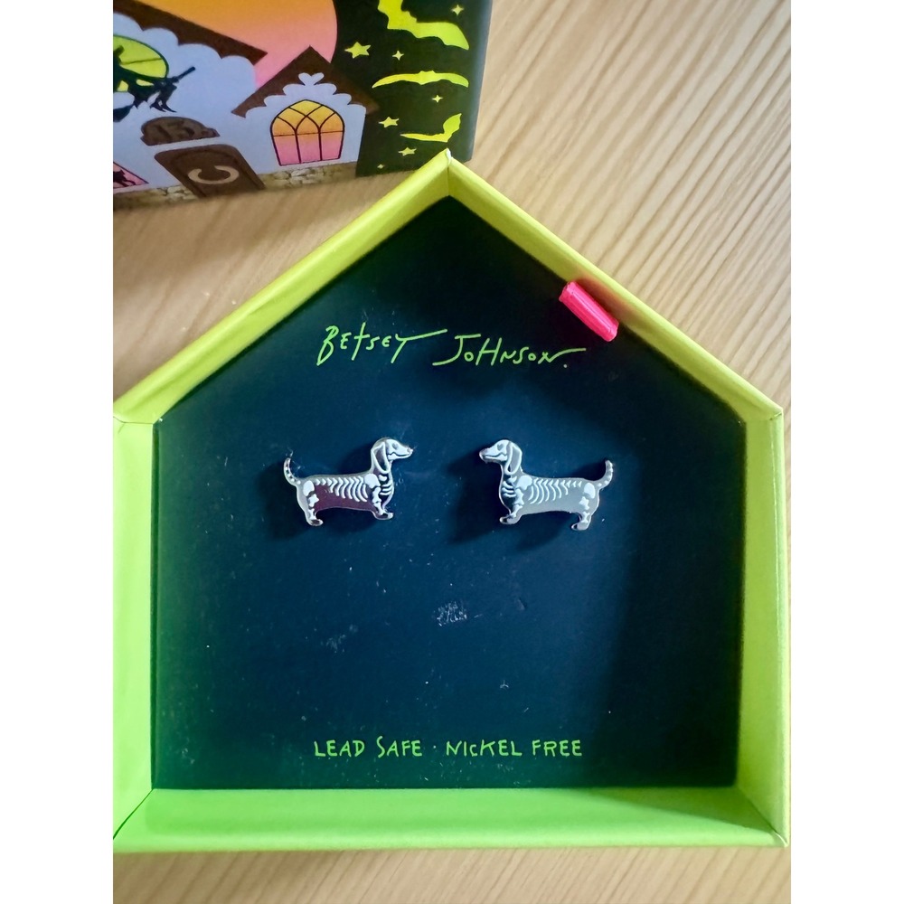 Betsey Johnson Halloween Skeleton Dachshund Stud Earrings New Silver Dog Boxed